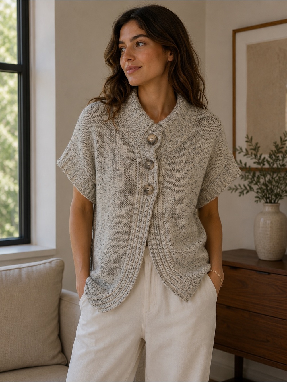 Arizona Jean Company Speckled Knit Cardigan Sweater Size L Cottagecore Neutral